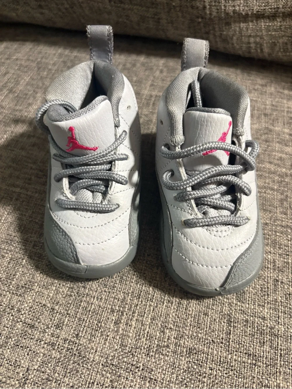 Air Jordan 12s Kids Grey and Pink Hardbottom Sneakers